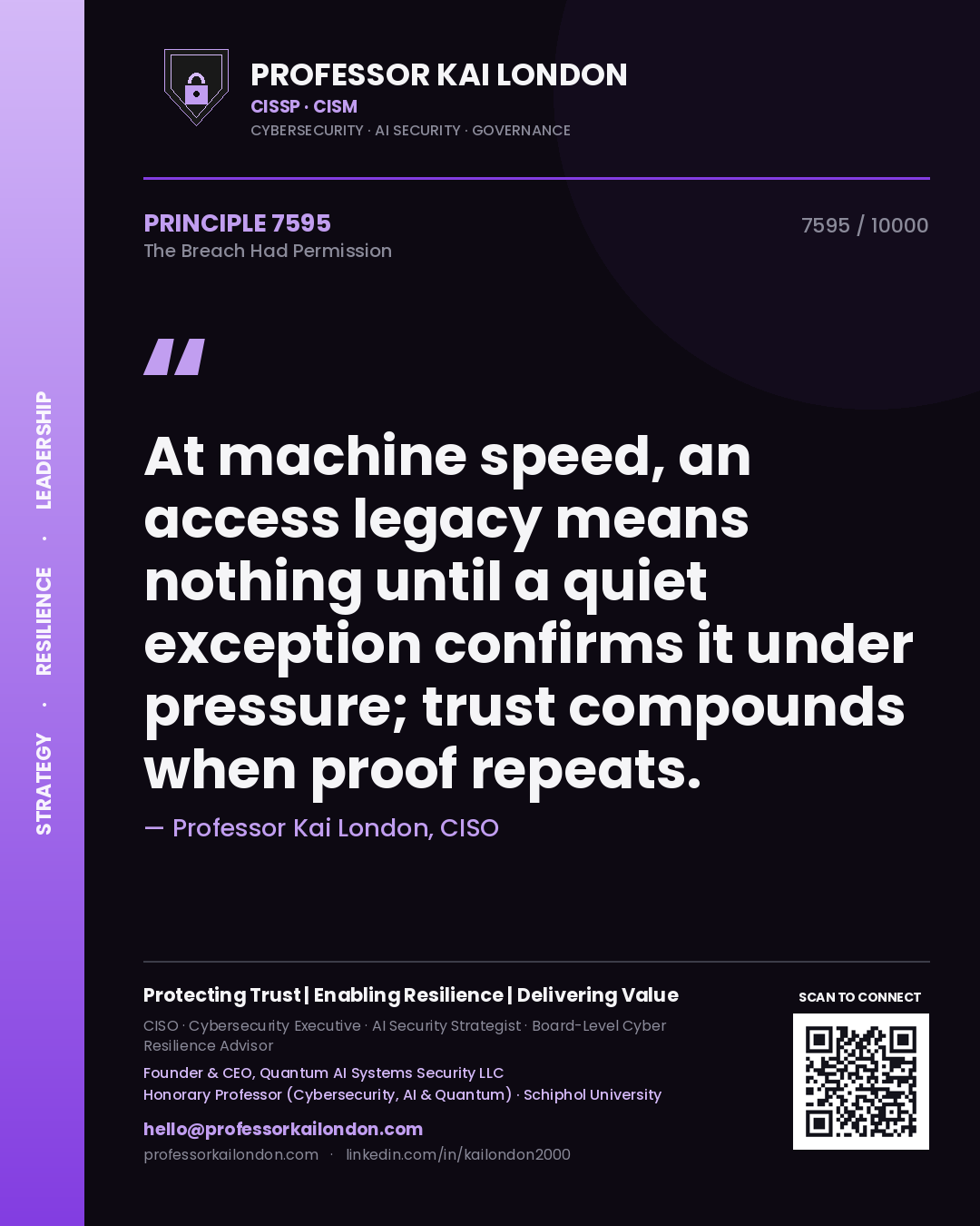 Quote card by Professor Kai London reading 'At machine speed, an access legacy means nothing until a quiet exception confirms it under pressure; trust compounds when proof repeats.'. From the book The Breach Had Permission.