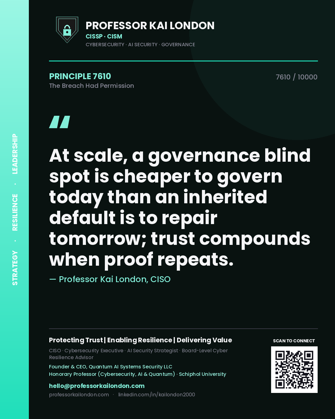 Professor Kai London principle 7610: At scale, a governance blind spot is cheaper to govern today than an inherited default is to repair tomorrow; trust compounds when proof repeats.