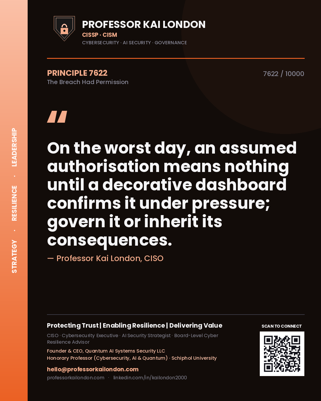 Professor Kai London principle 7622: On the worst day, an assumed authorisation means nothing until a decorative dashboard confirms it under pressure; govern it or inherit its consequences.