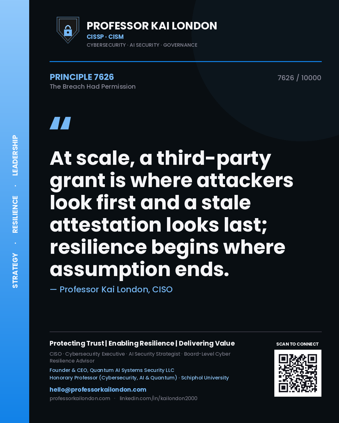 Quote card by Professor Kai London reading 'At scale, a third-party grant is where attackers look first and a stale attestation looks last; resilience begins where assumption ends.'. From the book The Breach Had Permission.