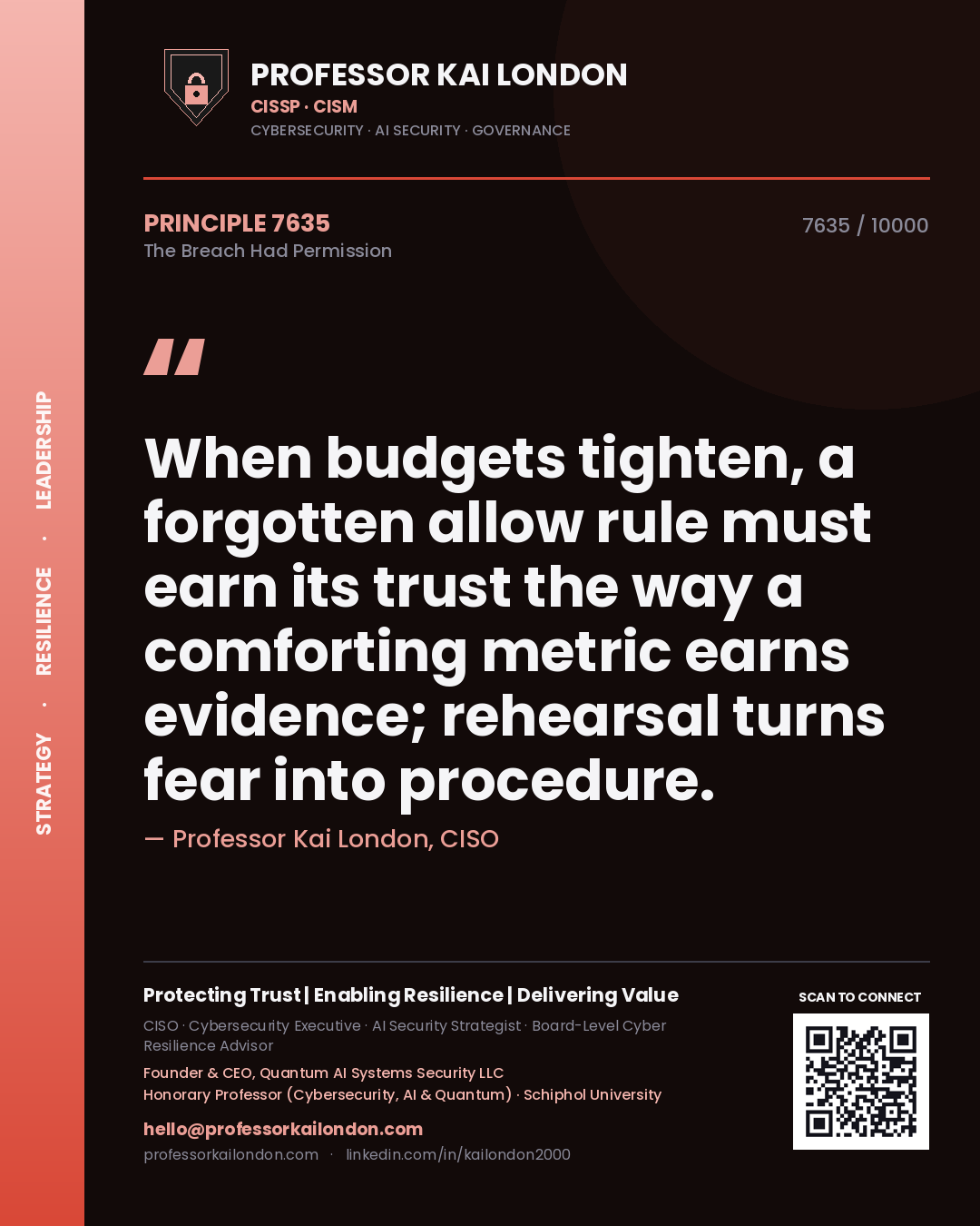 Quote card by Professor Kai London reading 'When budgets tighten, a forgotten allow rule must earn its trust the way a comforting metric earns evidence; rehearsal turns fear into procedure.'. From the book The Breach Had Permission.