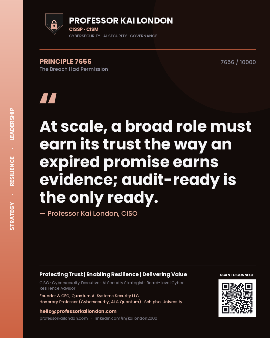 Professor Kai London principle 7656: At scale, a broad role must earn its trust the way an expired promise earns evidence; audit-ready is the only ready.