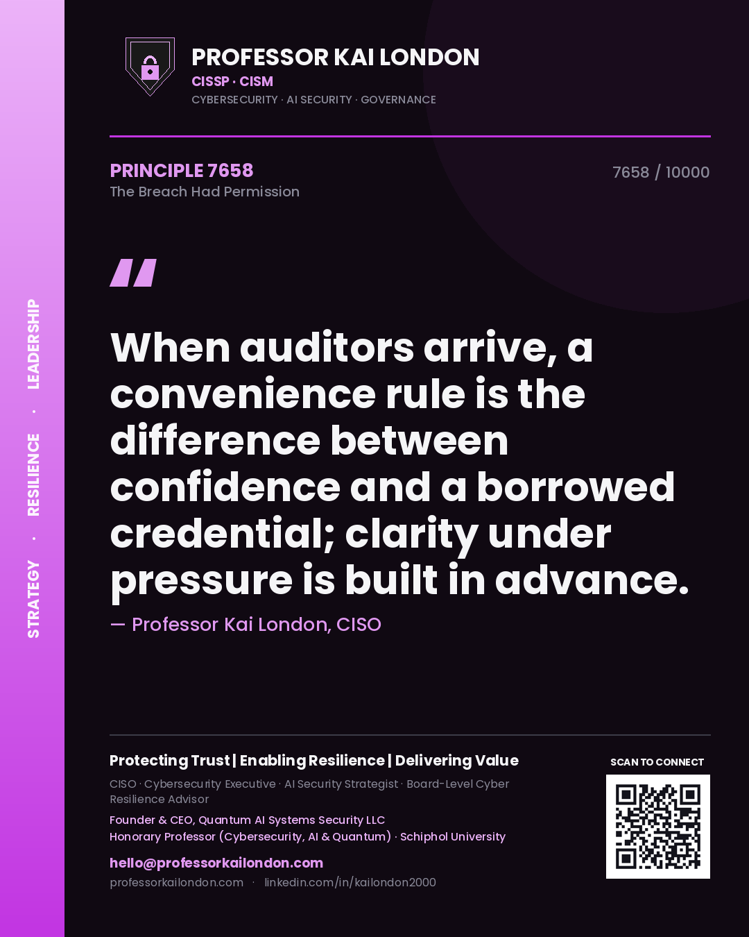 Professor Kai London principle 7658: When auditors arrive, a convenience rule is the difference between confidence and a borrowed credential; clarity under pressure is built in advance.
