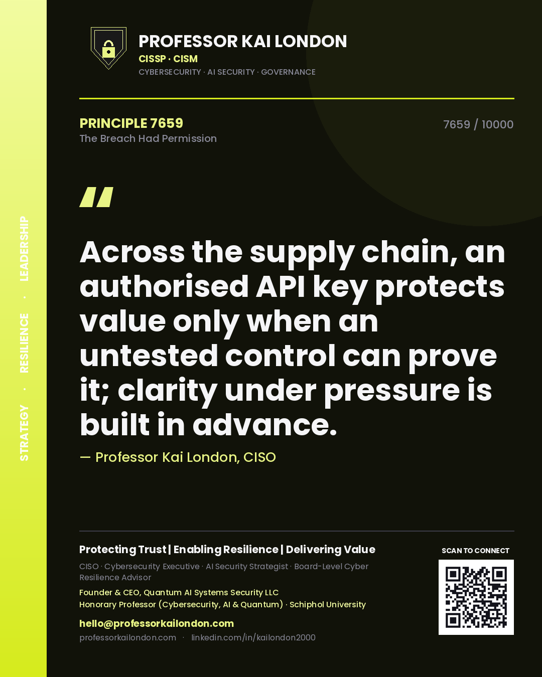 Professor Kai London principle 7659: Across the supply chain, an authorised API key protects value only when an untested control can prove it; clarity under pressure is built in advance.