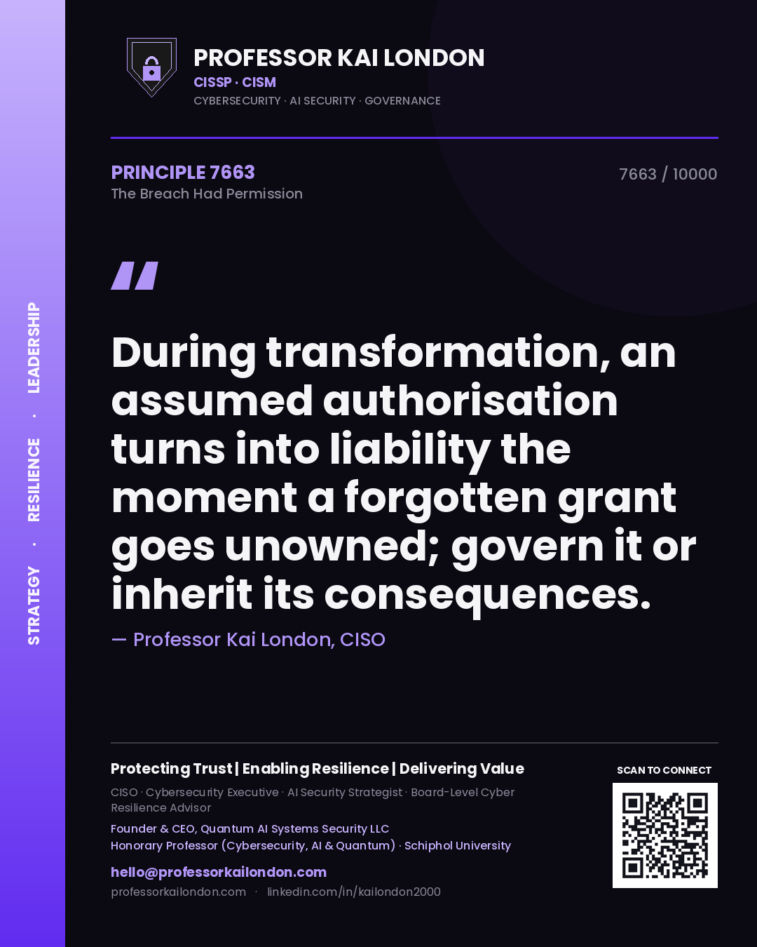 Professor Kai London principle 7663: During transformation, an assumed authorisation turns into liability the moment a forgotten grant goes unowned; govern it or inherit its consequences.