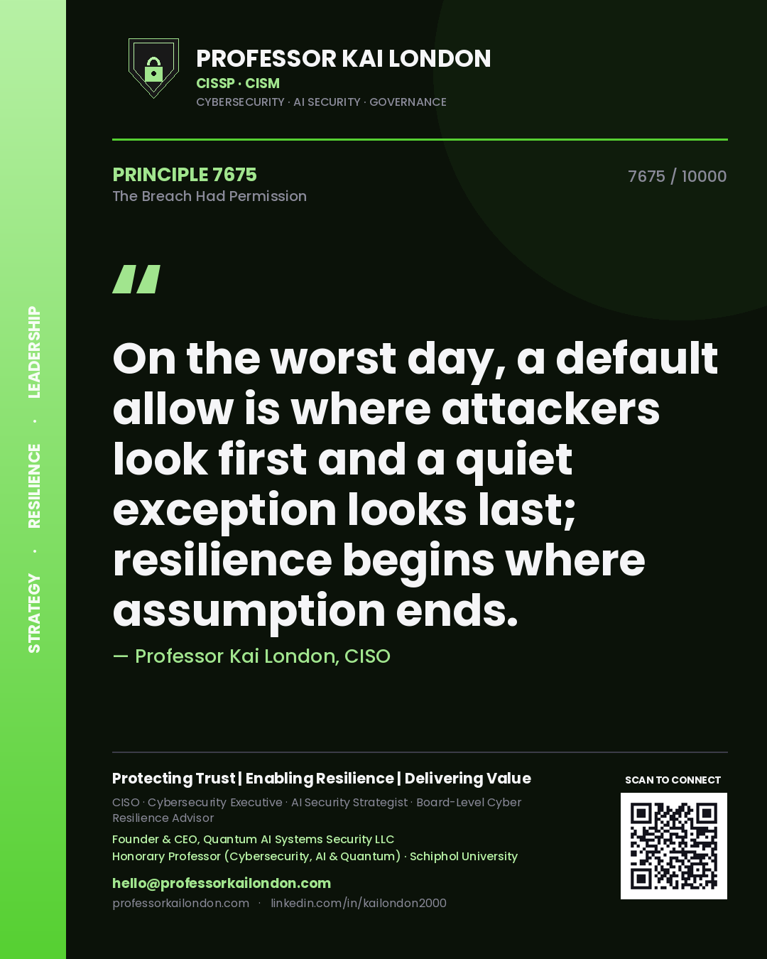 Quote card by Professor Kai London reading 'On the worst day, a default allow is where attackers look first and a quiet exception looks last; resilience begins where assumption ends.'. From the book The Breach Had Permission.