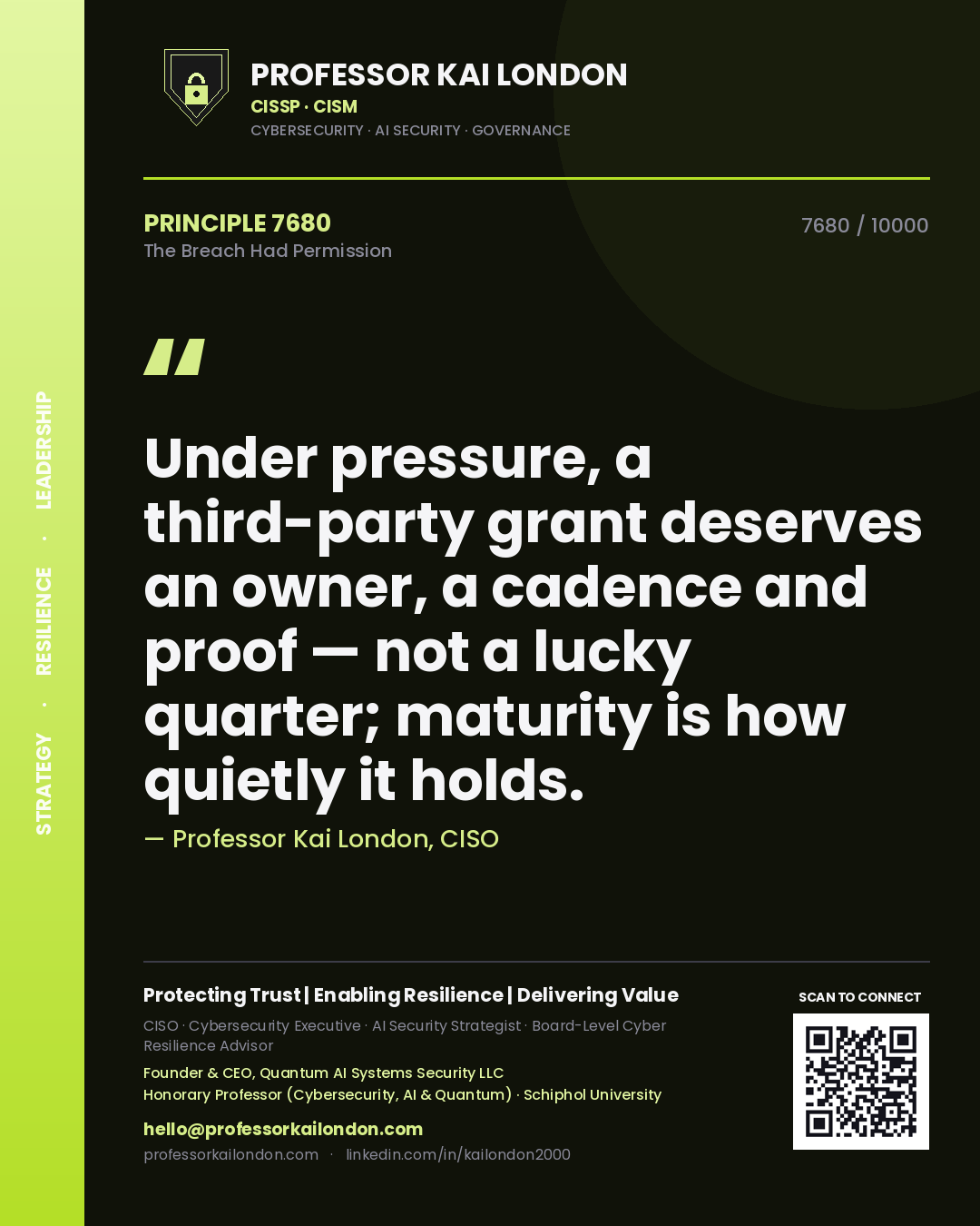 Professor Kai London principle 7680: Under pressure, a third-party grant deserves an owner, a cadence and proof — not a lucky quarter; maturity is how quietly it holds.