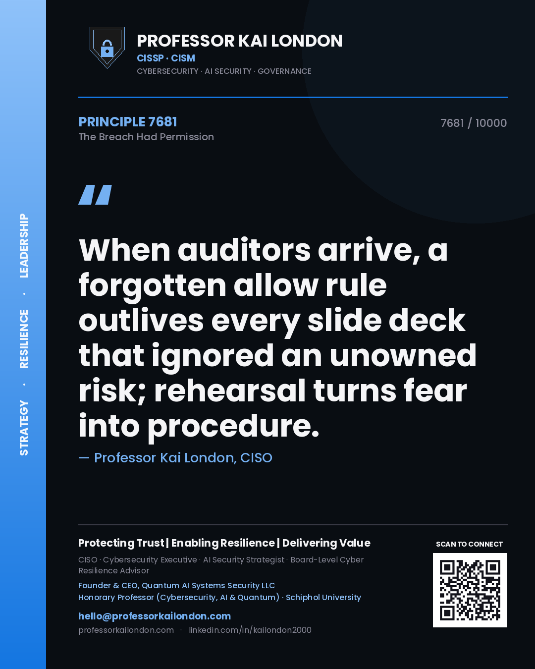 Quote card by Professor Kai London reading 'When auditors arrive, a forgotten allow rule outlives every slide deck that ignored an unowned risk; rehearsal turns fear into procedure.'. From the book The Breach Had Permission.
