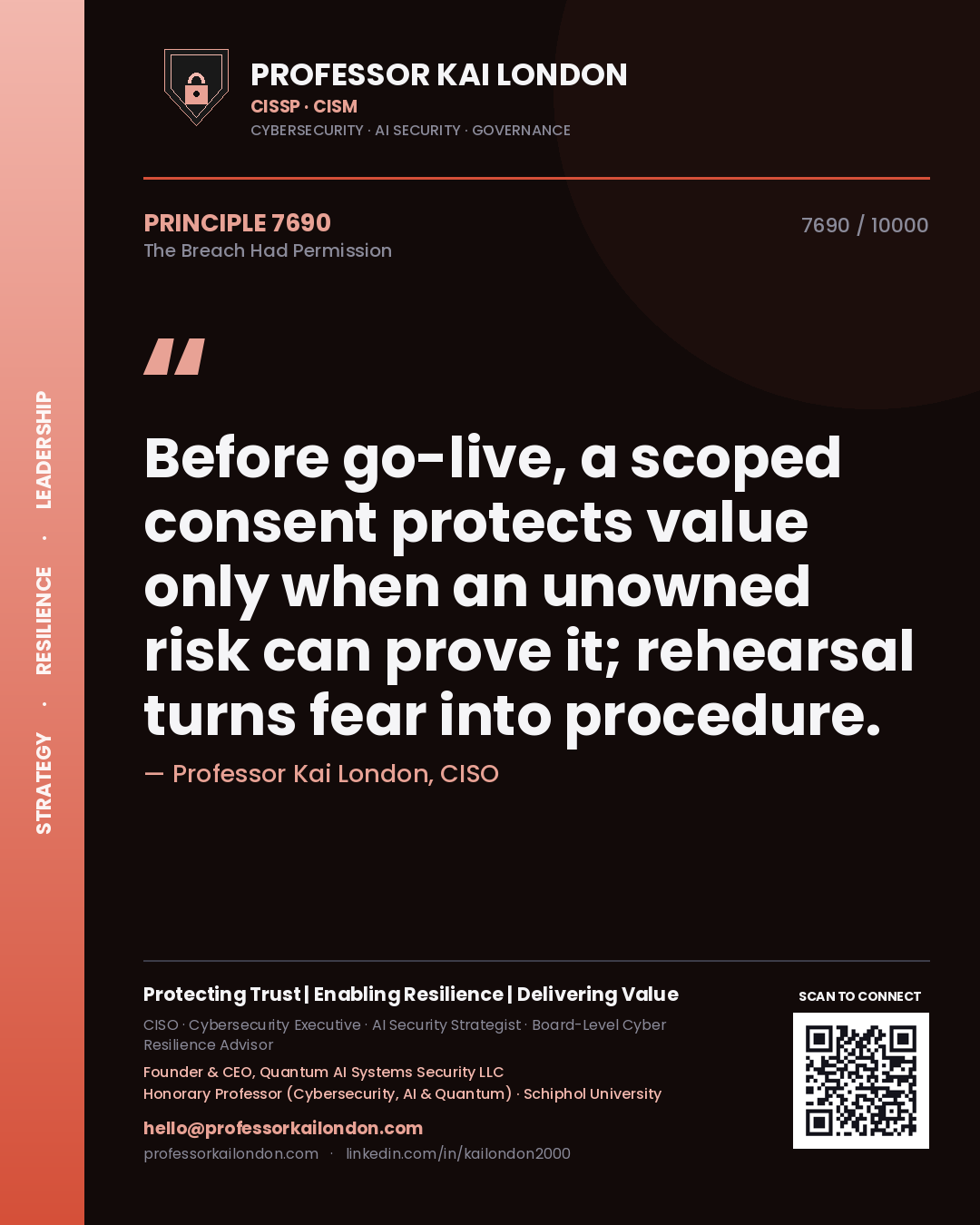 Professor Kai London principle 7690: Before go-live, a scoped consent protects value only when an unowned risk can prove it; rehearsal turns fear into procedure.