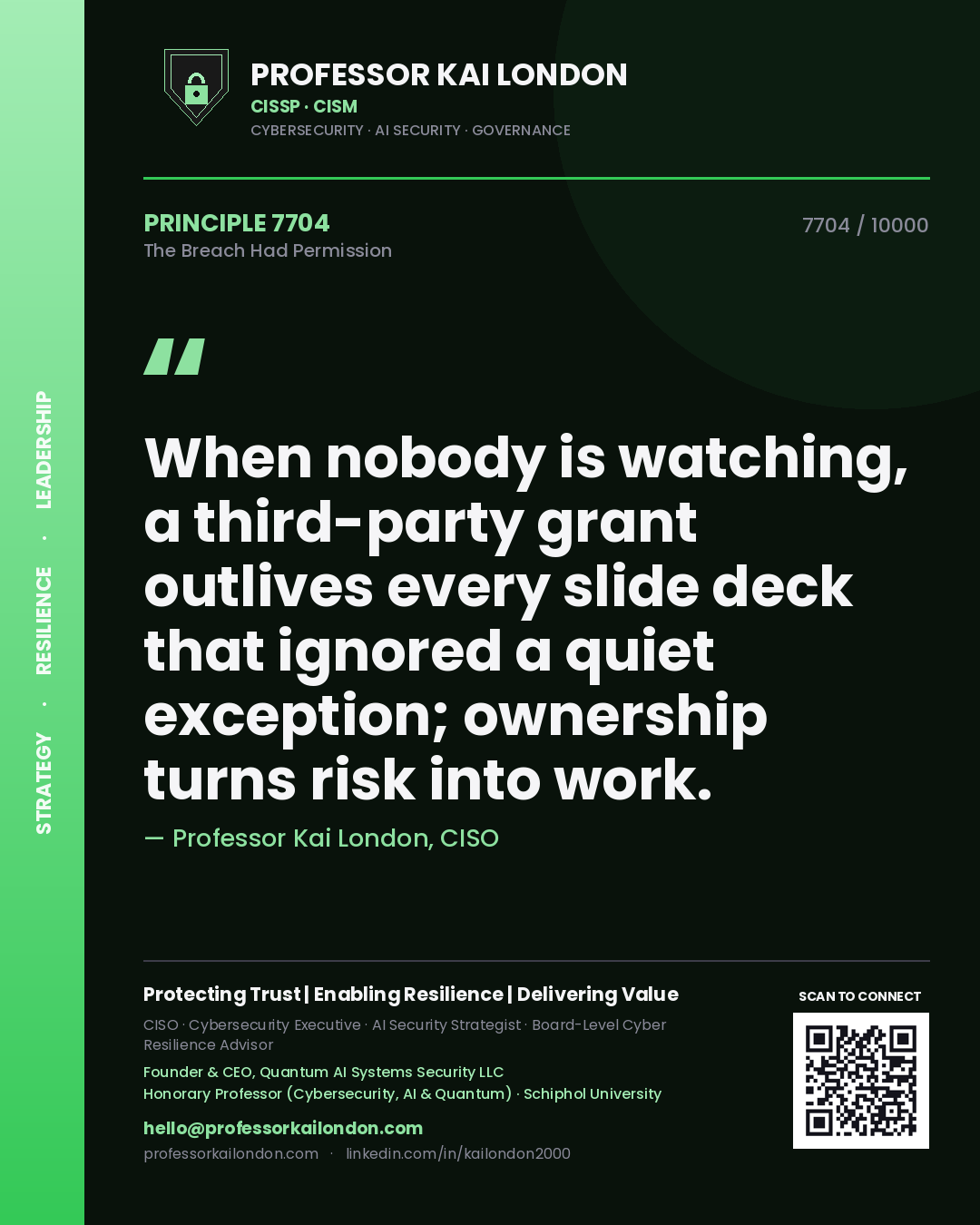 Quote card by Professor Kai London reading 'When nobody is watching, a third-party grant outlives every slide deck that ignored a quiet exception; ownership turns risk into work.'. From the book The Breach Had Permission.