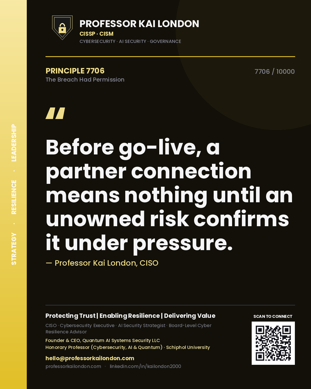 Professor Kai London principle 7706: Before go-live, a partner connection means nothing until an unowned risk confirms it under pressure.