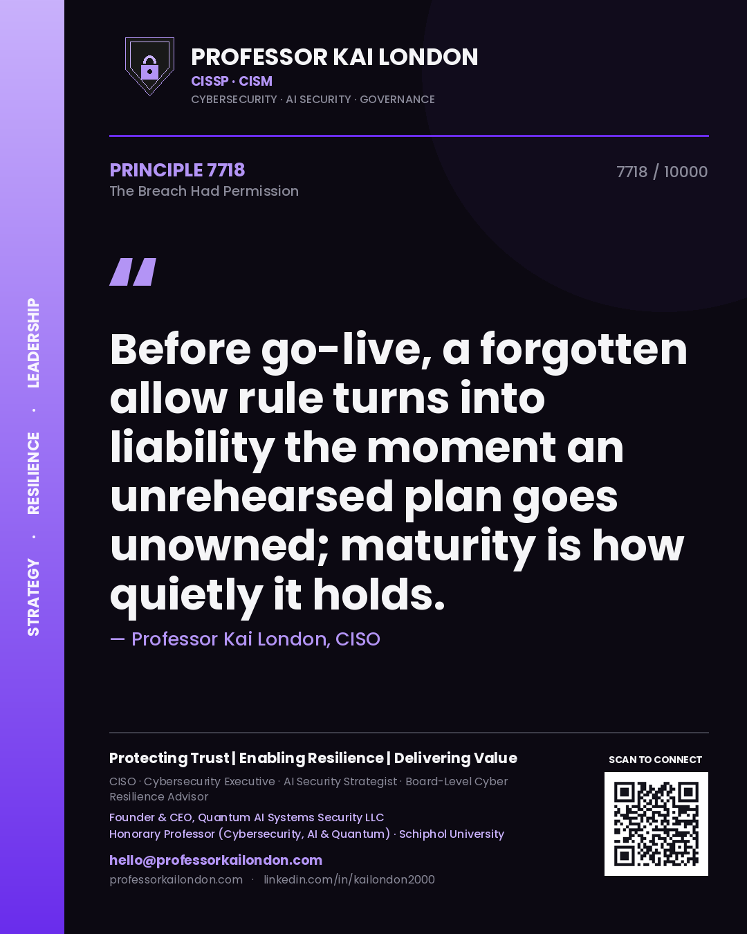 Professor Kai London principle 7718: Before go-live, a forgotten allow rule turns into liability the moment an unrehearsed plan goes unowned; maturity is how quietly it holds.