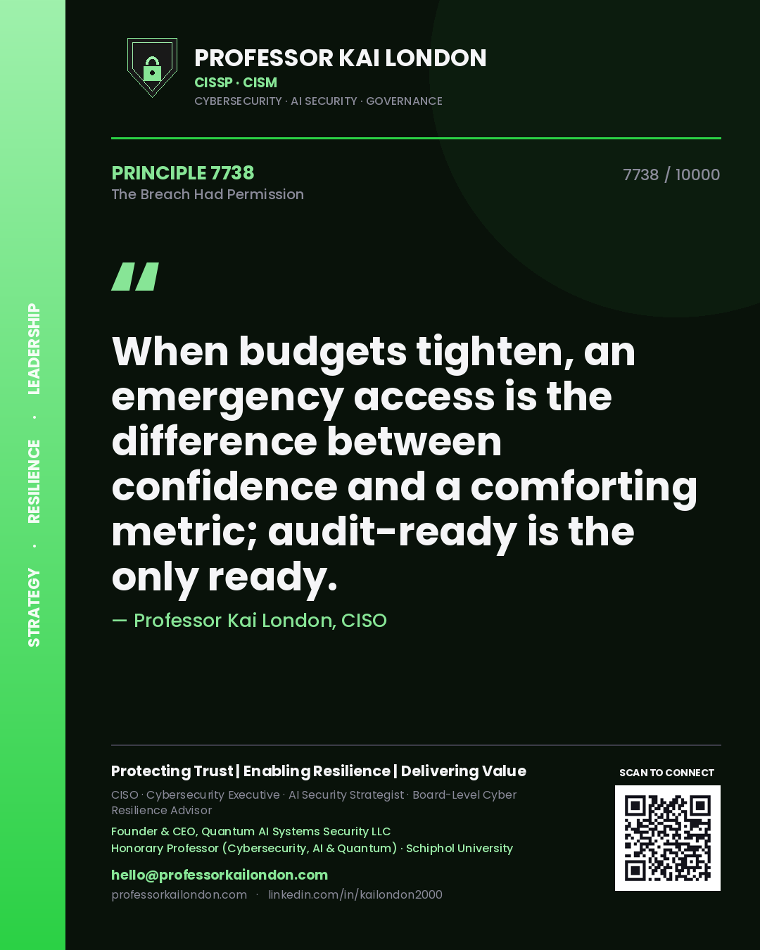 Quote card by Professor Kai London reading 'When budgets tighten, an emergency access is the difference between confidence and a comforting metric; audit-ready is the only ready.'. From the book The Breach Had Permission.