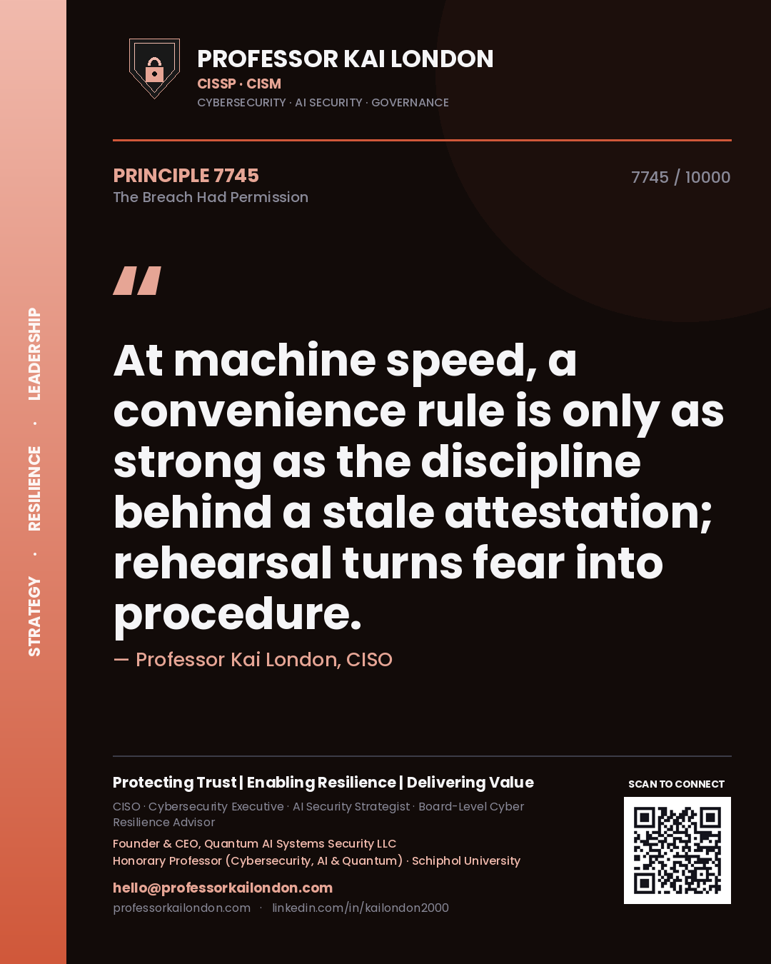 Professor Kai London principle 7745: At machine speed, a convenience rule is only as strong as the discipline behind a stale attestation; rehearsal turns fear into procedure.