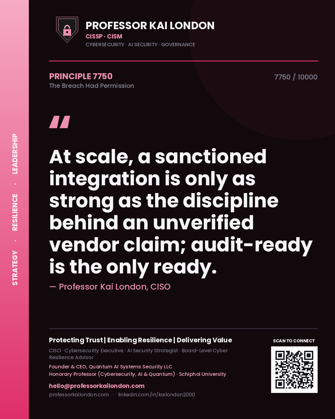 Quote card by Professor Kai London reading 'At scale, a sanctioned integration is only as strong as the discipline behind an unverified vendor claim; audit-ready is the only ready.'. From the book The Breach Had Permission.