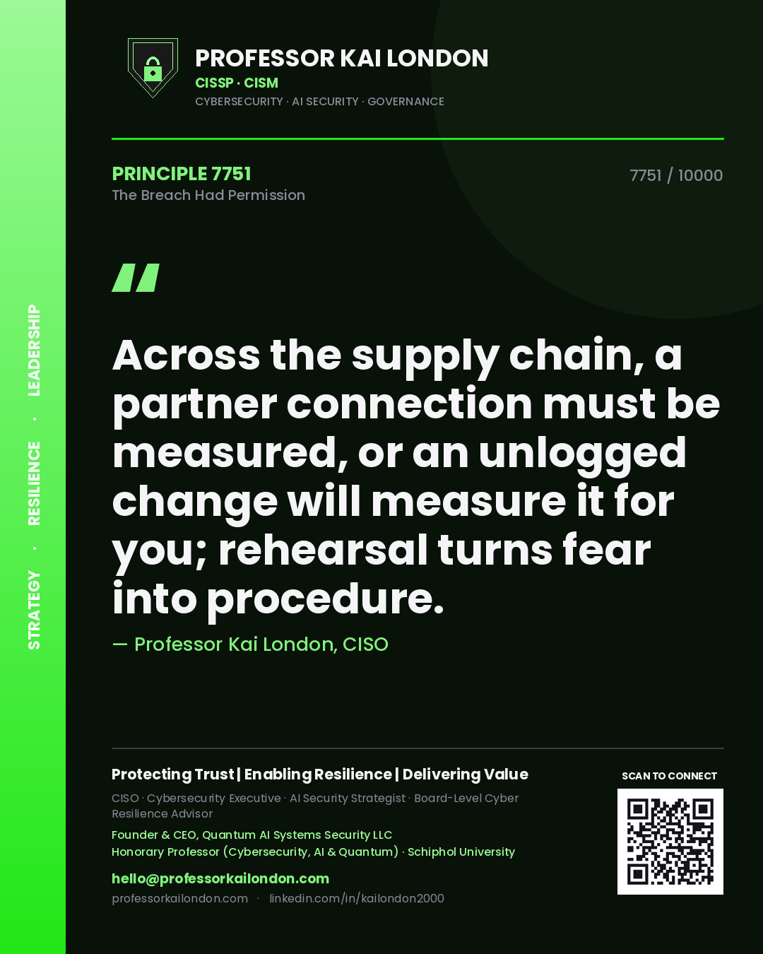 Quote card by Professor Kai London reading 'Across the supply chain, a partner connection must be measured, or an unlogged change will measure it for you; rehearsal turns fear into procedure.'. From the book The Breach Had Permission.