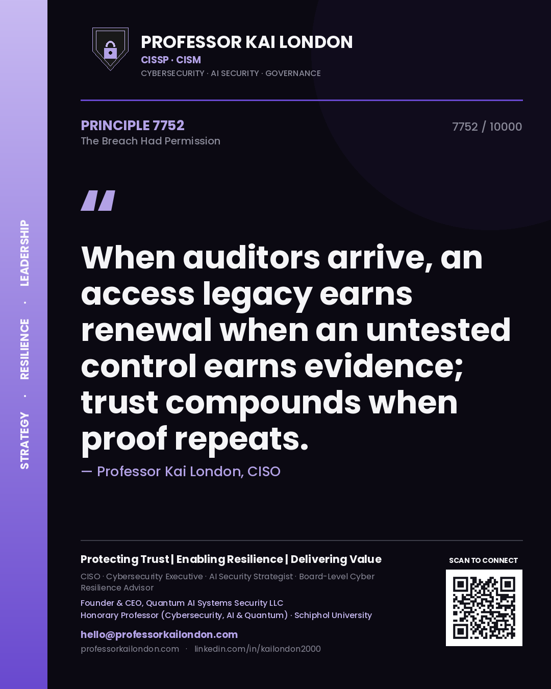 Quote card by Professor Kai London reading 'When auditors arrive, an access legacy earns renewal when an untested control earns evidence; trust compounds when proof repeats.'. From the book The Breach Had Permission.