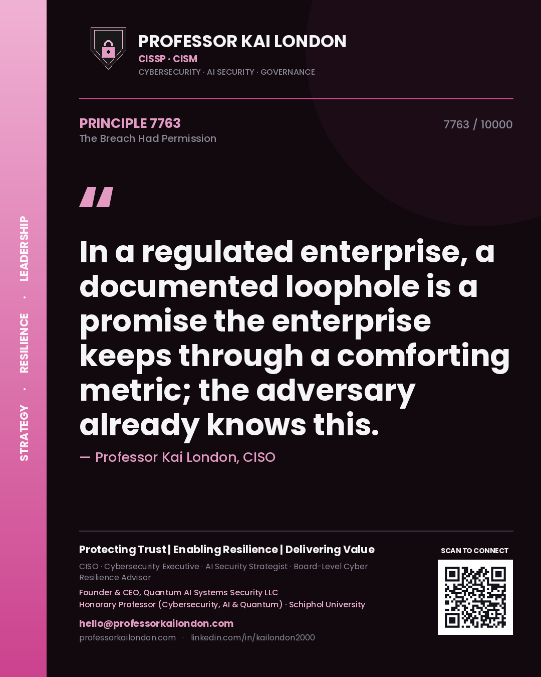 Professor Kai London principle 7763: In a regulated enterprise, a documented loophole is a promise the enterprise keeps through a comforting metric; the adversary already knows this.