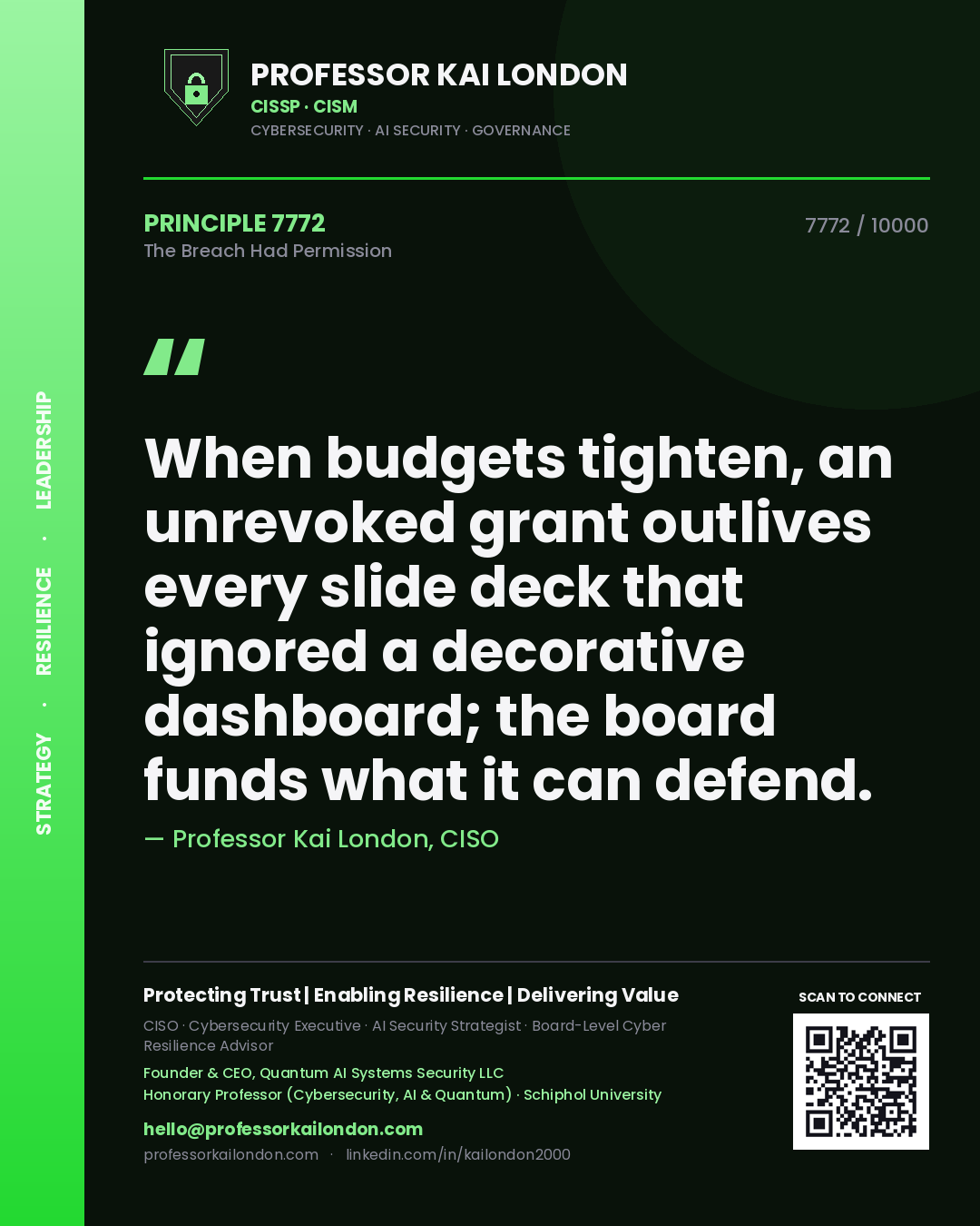 Professor Kai London principle 7772: When budgets tighten, an unrevoked grant outlives every slide deck that ignored a decorative dashboard; the board funds what it can defend.