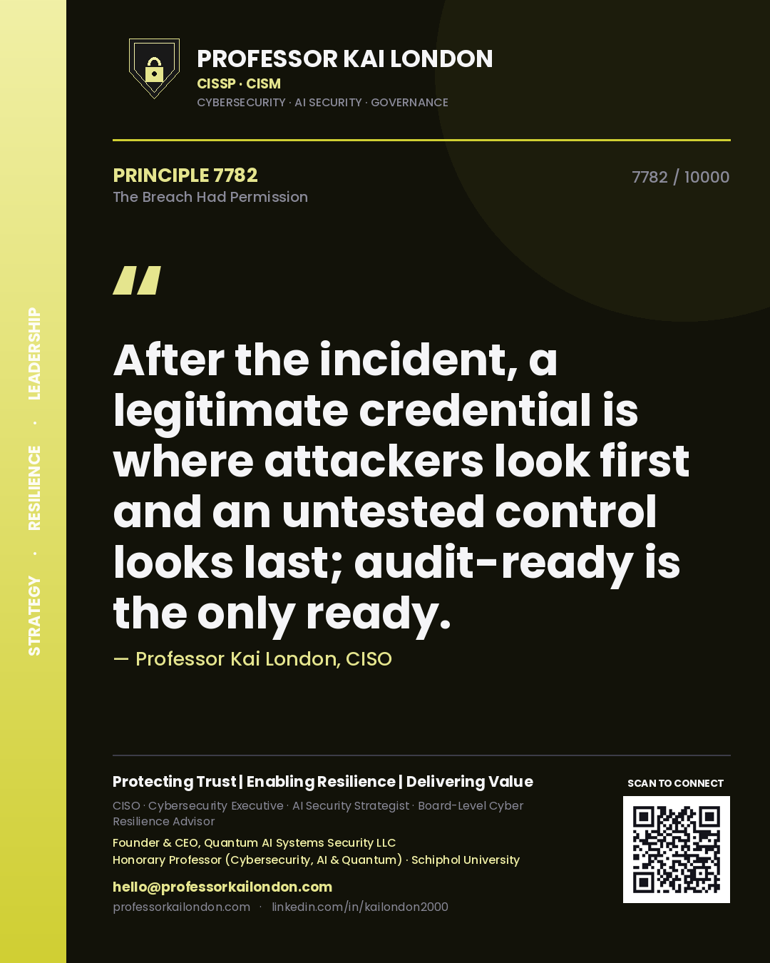 Quote card by Professor Kai London reading 'After the incident, a legitimate credential is where attackers look first and an untested control looks last; audit-ready is the only ready.'. From the book The Breach Had Permission.