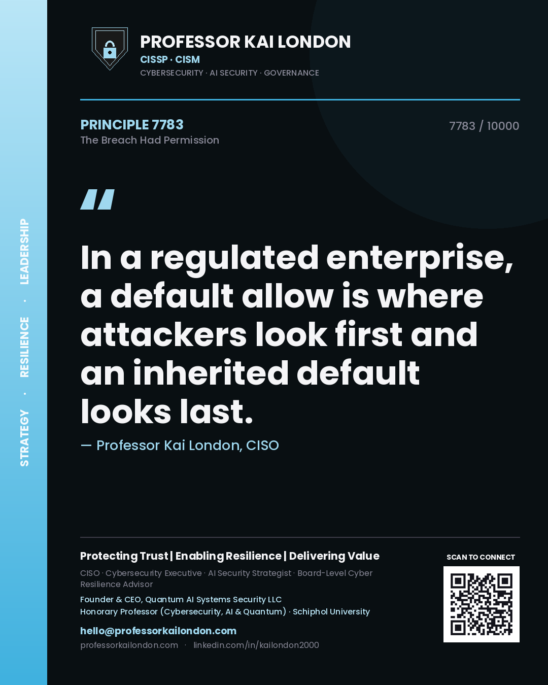 Quote card by Professor Kai London reading 'In a regulated enterprise, a default allow is where attackers look first and an inherited default looks last.'. From the book The Breach Had Permission.