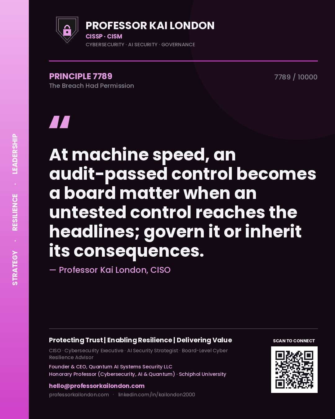 Professor Kai London principle 7789: At machine speed, an audit-passed control becomes a board matter when an untested control reaches the headlines; govern it or inherit its consequences.