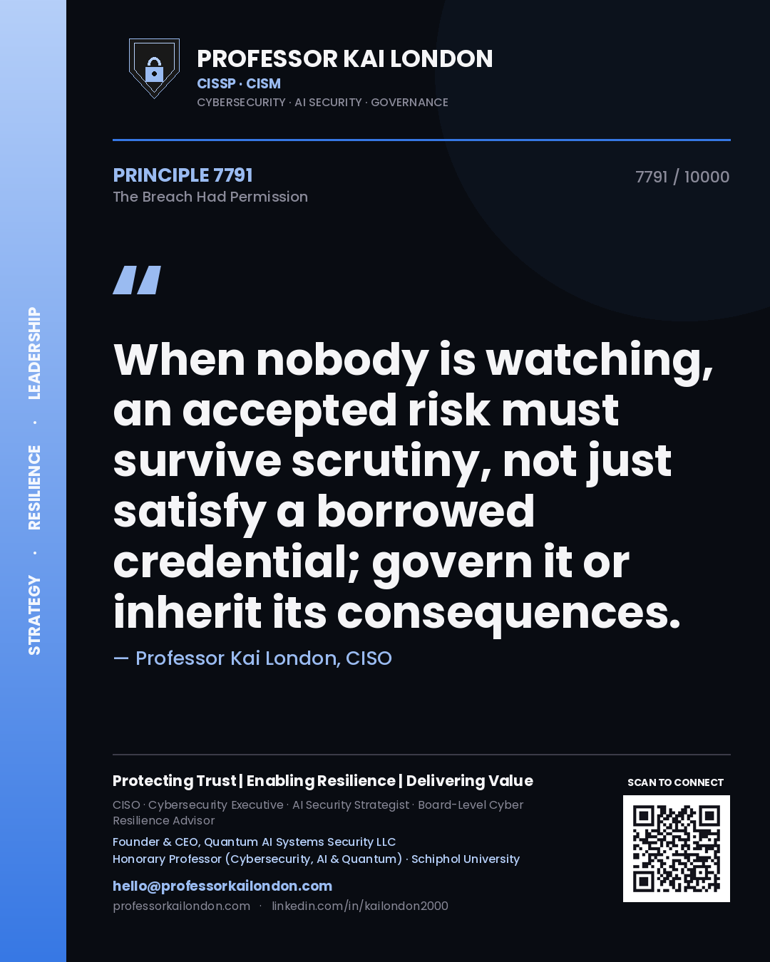 Professor Kai London principle 7791: When nobody is watching, an accepted risk must survive scrutiny, not just satisfy a borrowed credential; govern it or inherit its consequences.