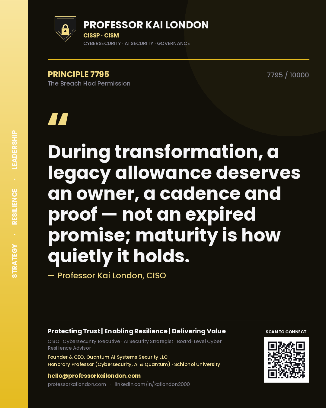 Quote card by Professor Kai London reading 'During transformation, a legacy allowance deserves an owner, a cadence and proof — not an expired promise; maturity is how quietly it holds.'. From the book The Breach Had Permission.
