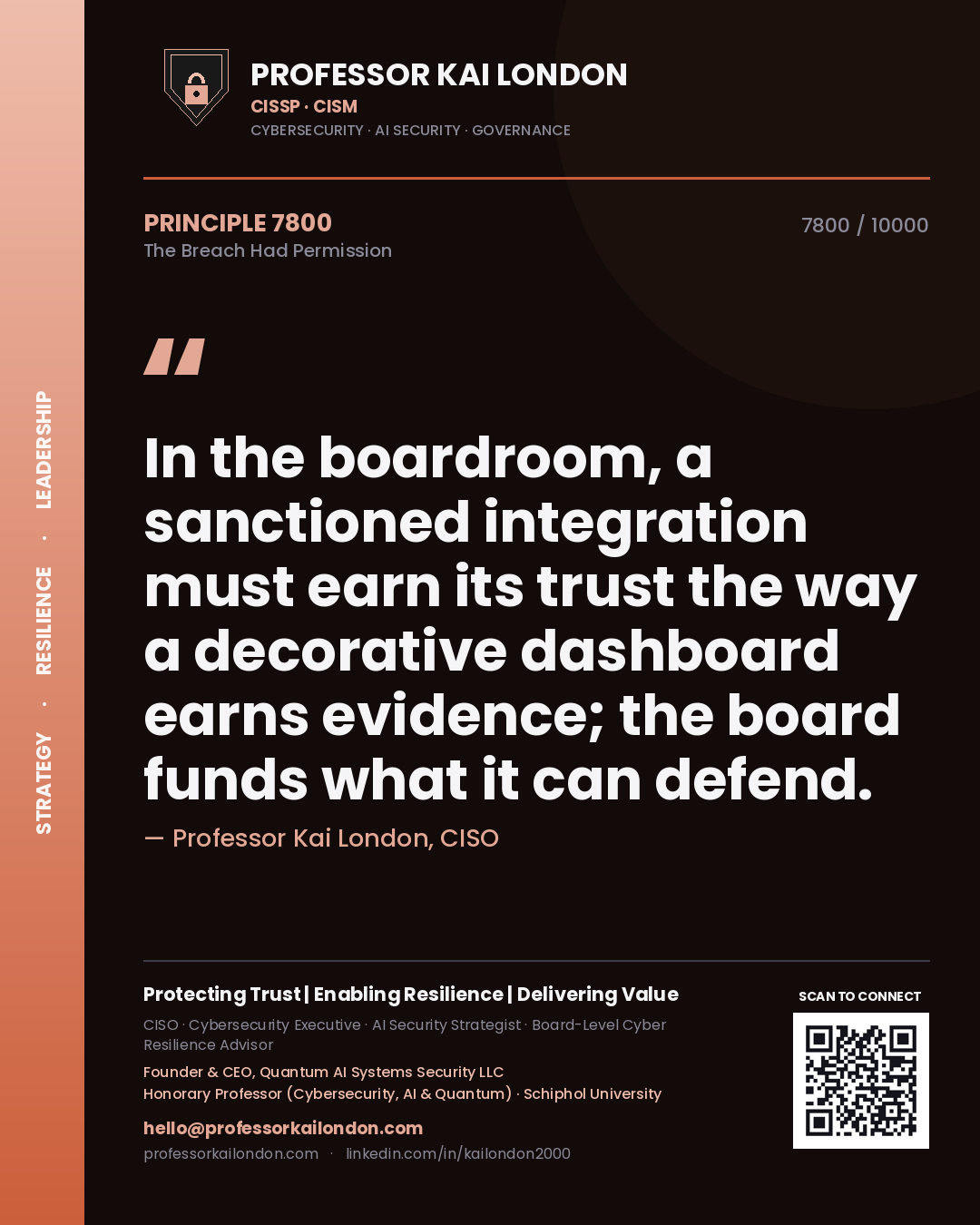 Professor Kai London principle 7800: In the boardroom, a sanctioned integration must earn its trust the way a decorative dashboard earns evidence; the board funds what it can defend.