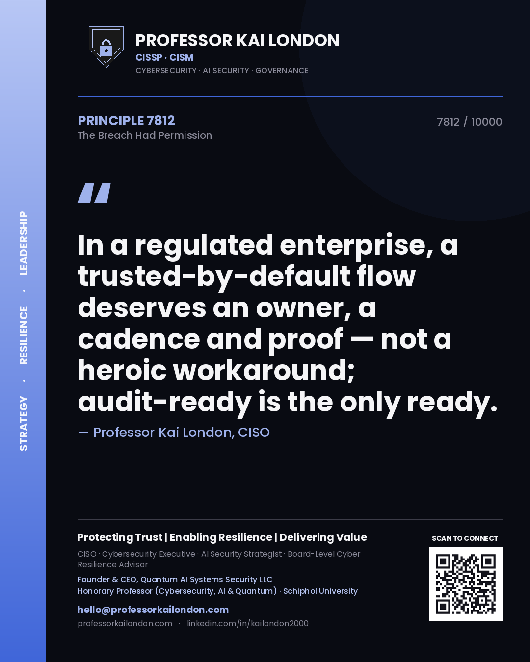 Quote card by Professor Kai London reading 'In a regulated enterprise, a trusted-by-default flow deserves an owner, a cadence and proof — not a heroic workaround; audit-ready is the only ready.'. From the book The Breach Had Permission.