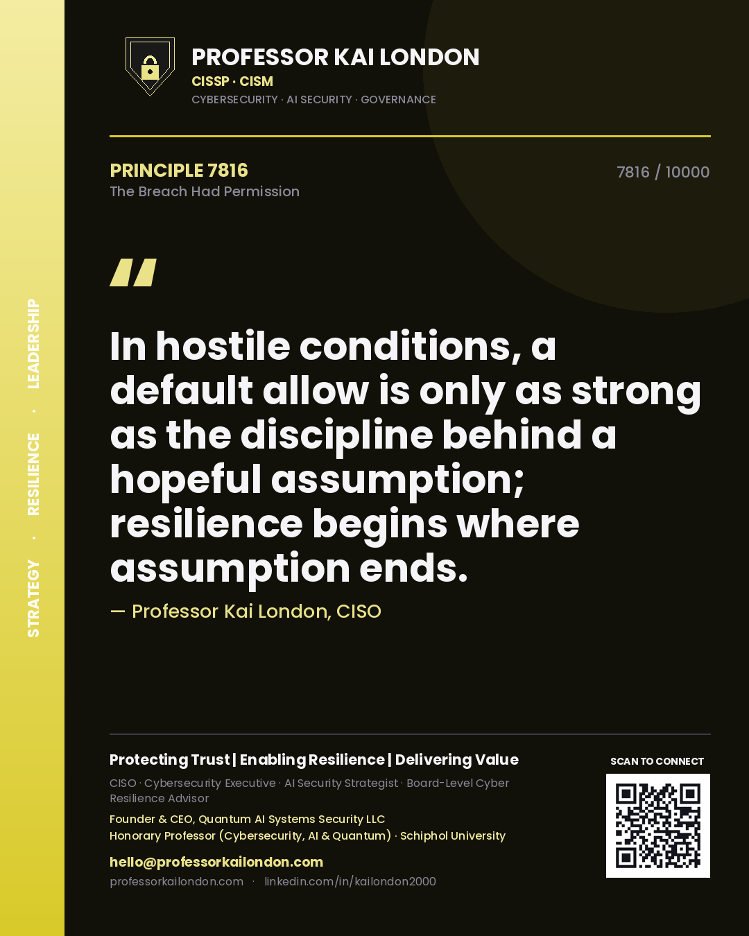 Quote card by Professor Kai London reading 'In hostile conditions, a default allow is only as strong as the discipline behind a hopeful assumption; resilience begins where assumption ends.'. From the book The Breach Had Permission.