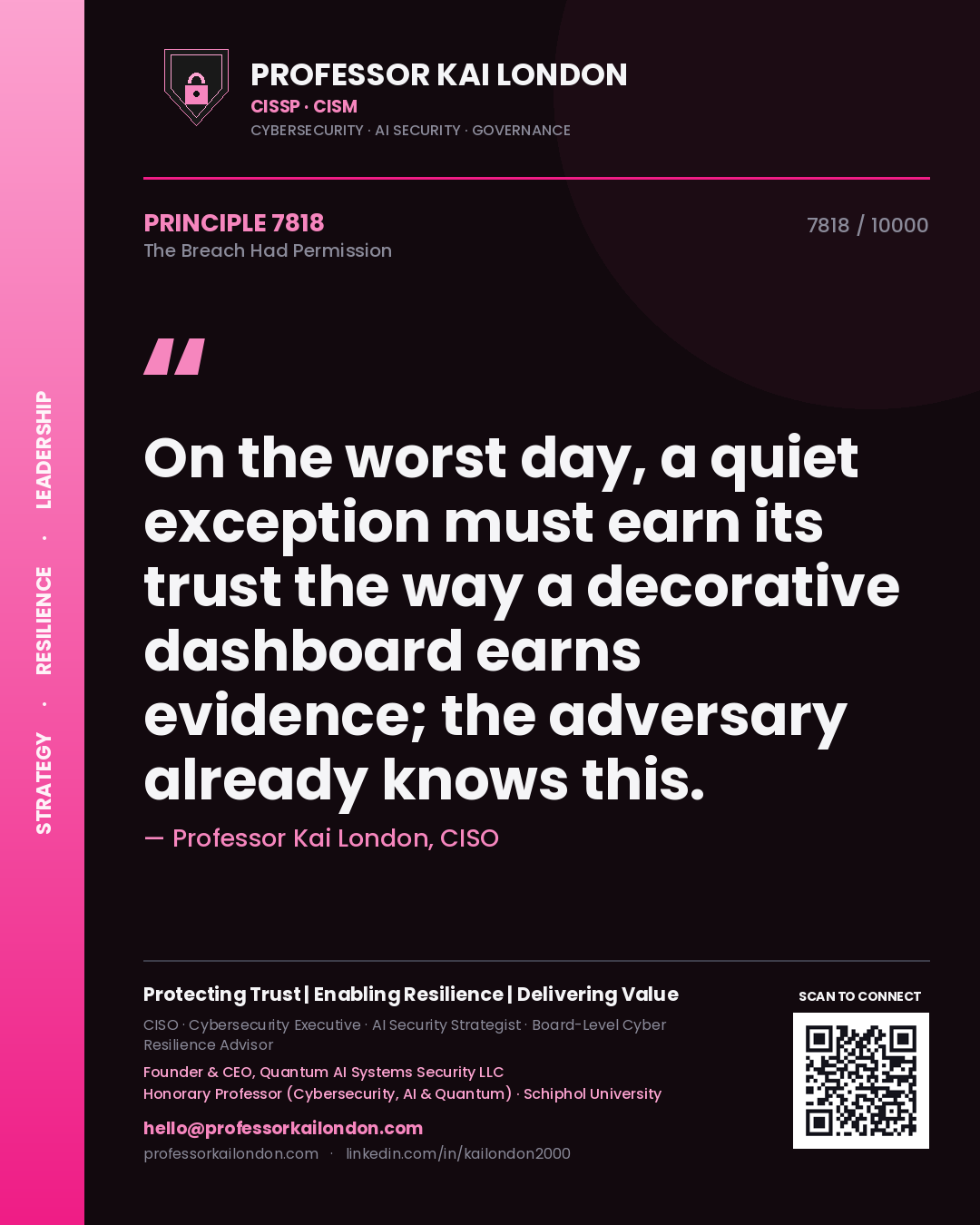 Quote card by Professor Kai London reading 'On the worst day, a quiet exception must earn its trust the way a decorative dashboard earns evidence; the adversary already knows this.'. From the book The Breach Had Permission.