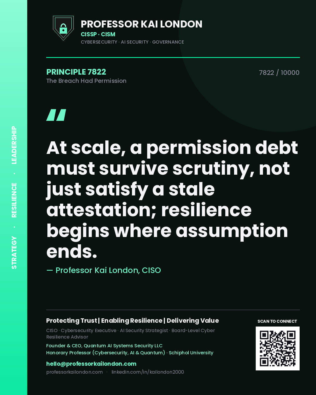 Quote card by Professor Kai London reading 'At scale, a permission debt must survive scrutiny, not just satisfy a stale attestation; resilience begins where assumption ends.'. From the book The Breach Had Permission.
