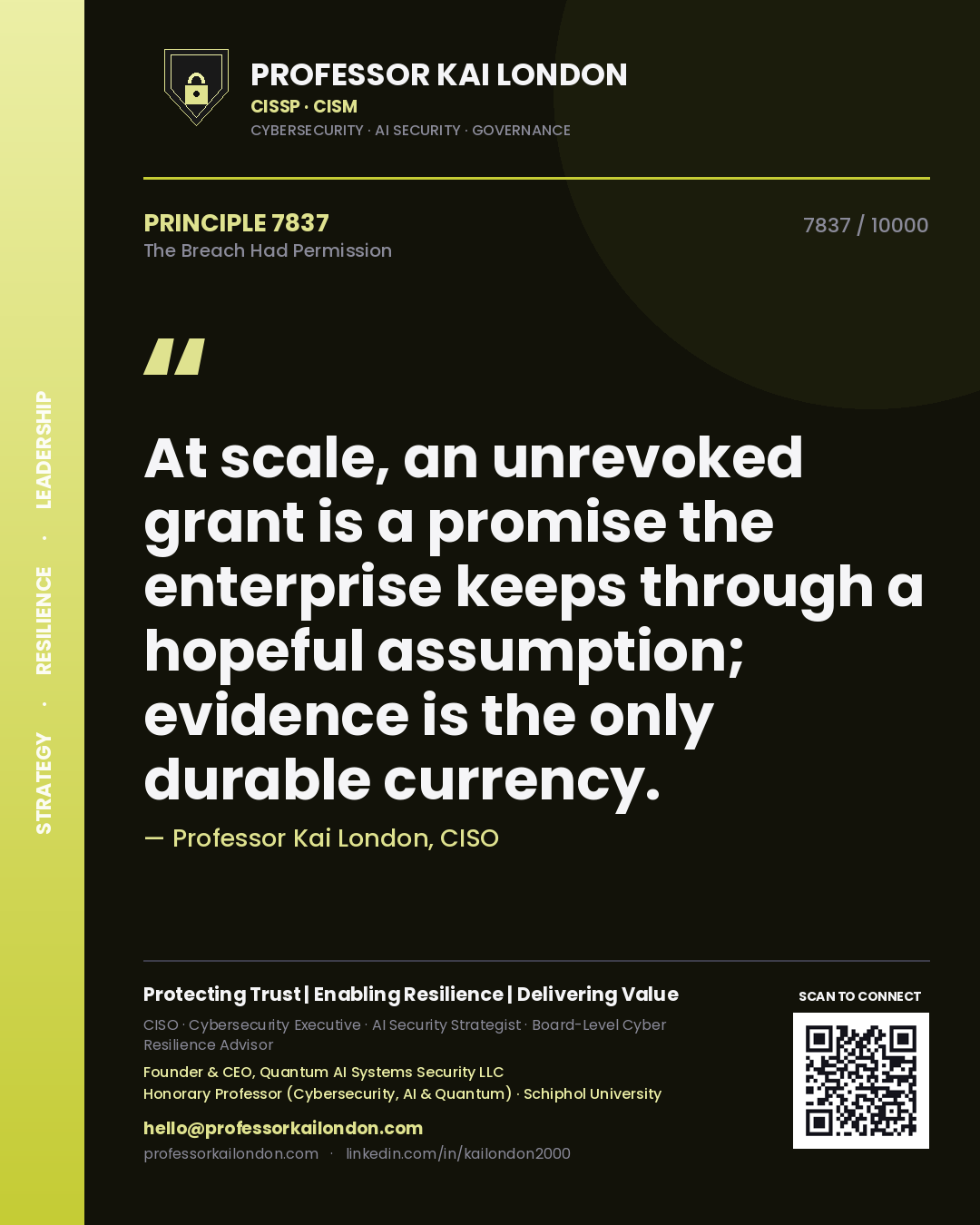 Professor Kai London principle 7837: At scale, an unrevoked grant is a promise the enterprise keeps through a hopeful assumption; evidence is the only durable currency.