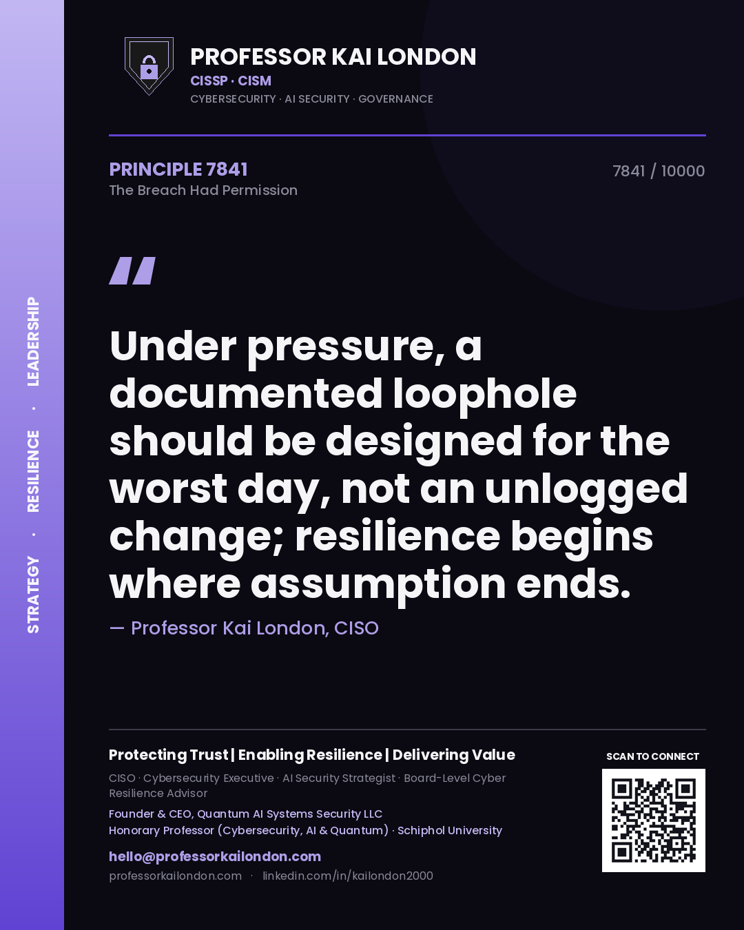 Quote card by Professor Kai London reading 'Under pressure, a documented loophole should be designed for the worst day, not an unlogged change; resilience begins where assumption ends.'. From the book The Breach Had Permission.
