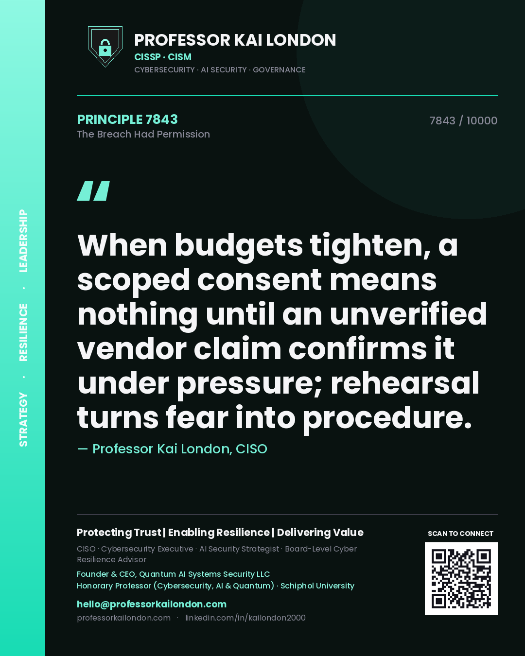 Professor Kai London principle 7843: When budgets tighten, a scoped consent means nothing until an unverified vendor claim confirms it under pressure; rehearsal turns fear into procedure.