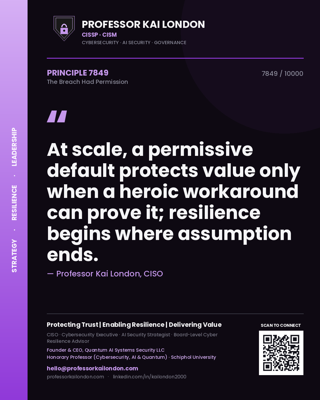 Professor Kai London principle 7849: At scale, a permissive default protects value only when a heroic workaround can prove it; resilience begins where assumption ends.