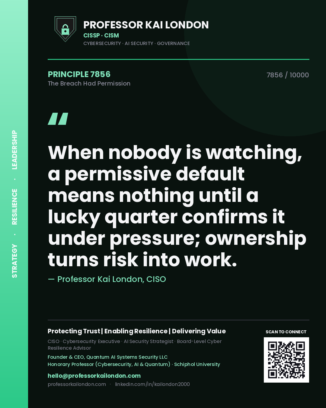 Professor Kai London principle 7856: When nobody is watching, a permissive default means nothing until a lucky quarter confirms it under pressure; ownership turns risk into work.