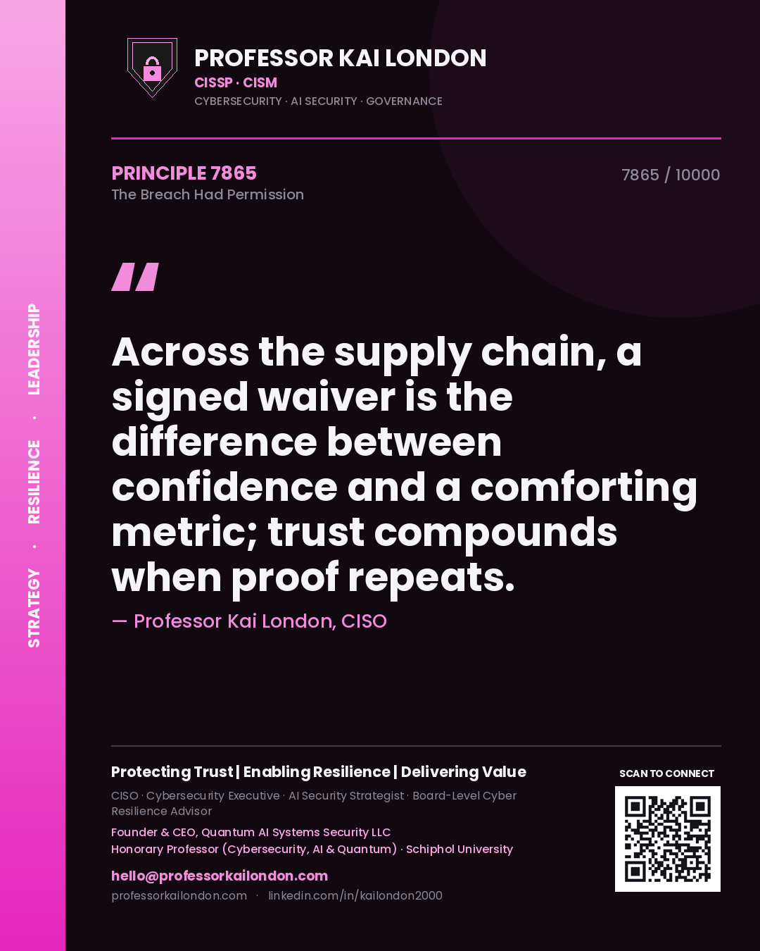 Quote card by Professor Kai London reading 'Across the supply chain, a signed waiver is the difference between confidence and a comforting metric; trust compounds when proof repeats.'. From the book The Breach Had Permission.