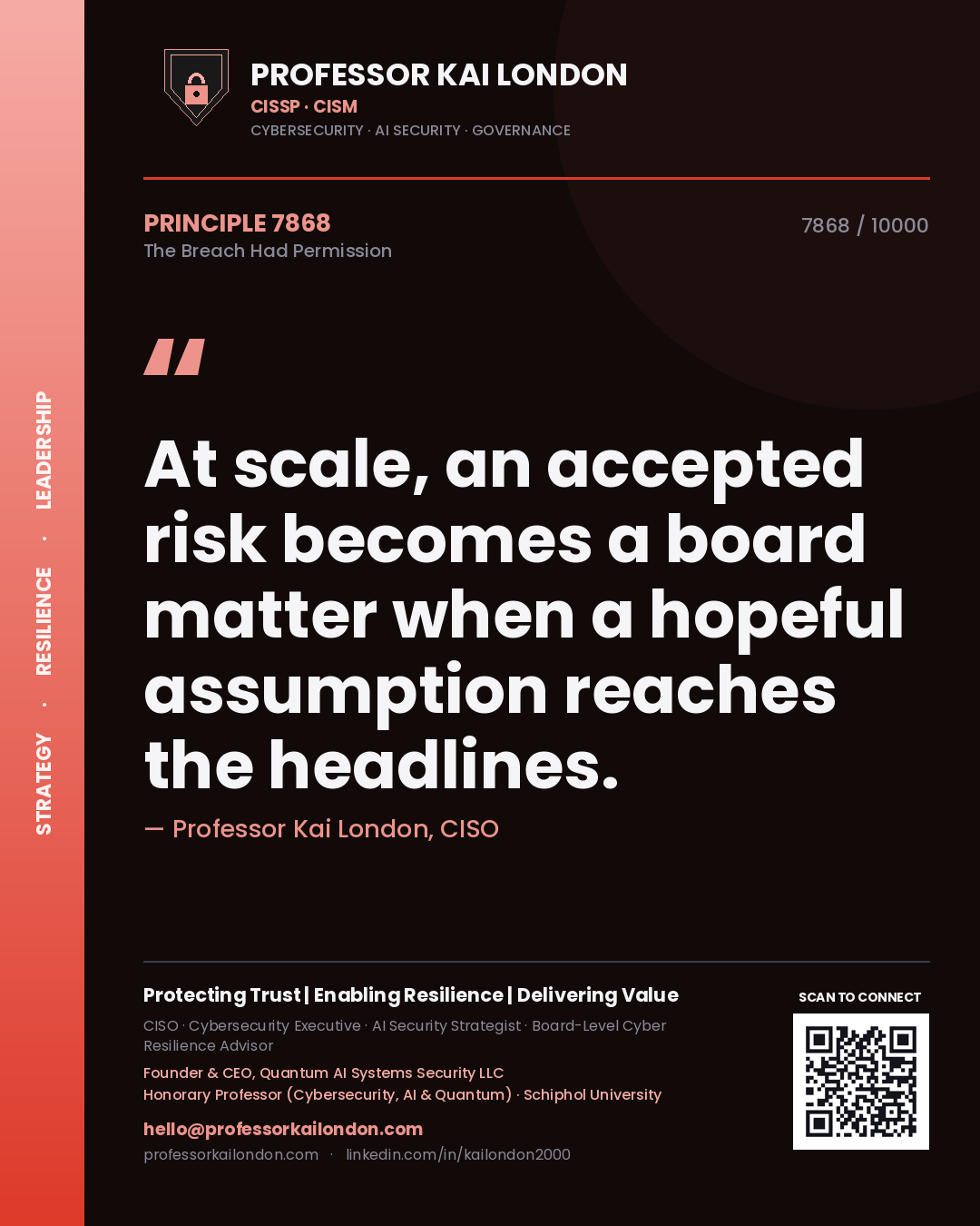 Professor Kai London principle 7868: At scale, an accepted risk becomes a board matter when a hopeful assumption reaches the headlines.