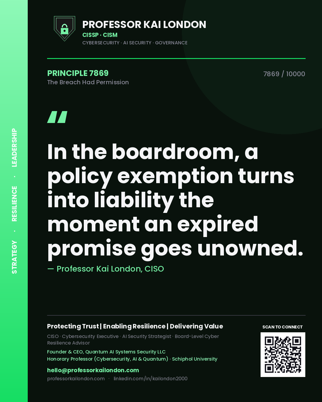 Quote card by Professor Kai London reading 'In the boardroom, a policy exemption turns into liability the moment an expired promise goes unowned.'. From the book The Breach Had Permission.