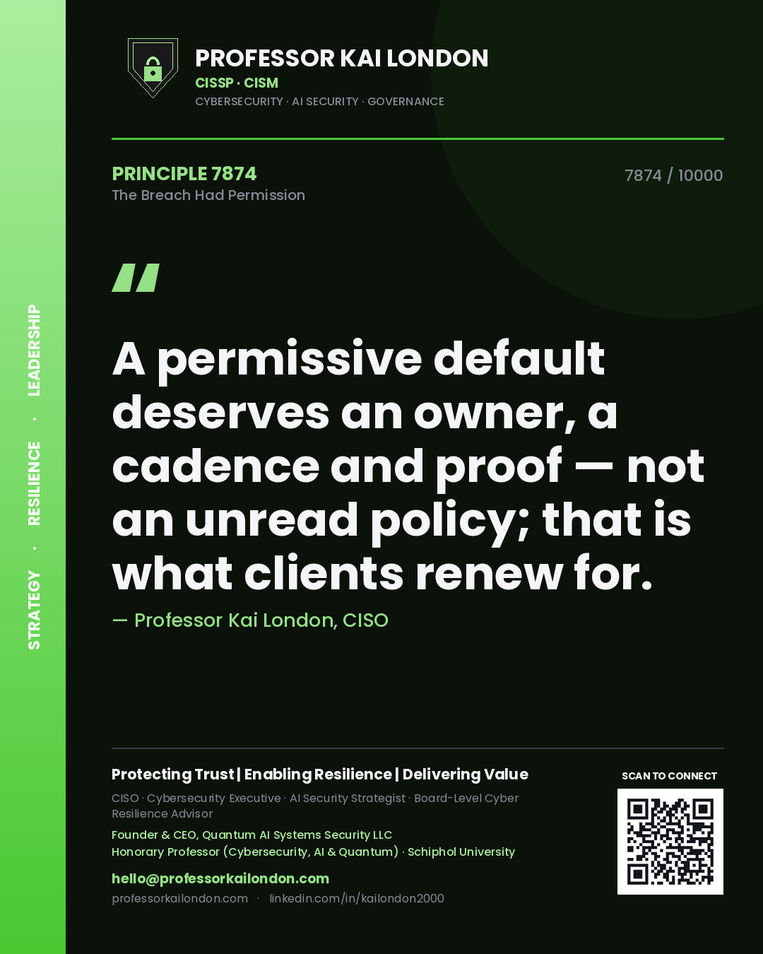 Professor Kai London principle 7874: A permissive default deserves an owner, a cadence and proof — not an unread policy; that is what clients renew for.