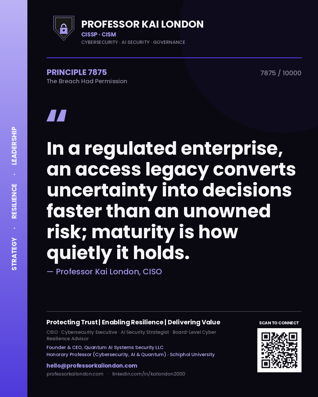Professor Kai London principle 7875: In a regulated enterprise, an access legacy converts uncertainty into decisions faster than an unowned risk; maturity is how quietly it holds.