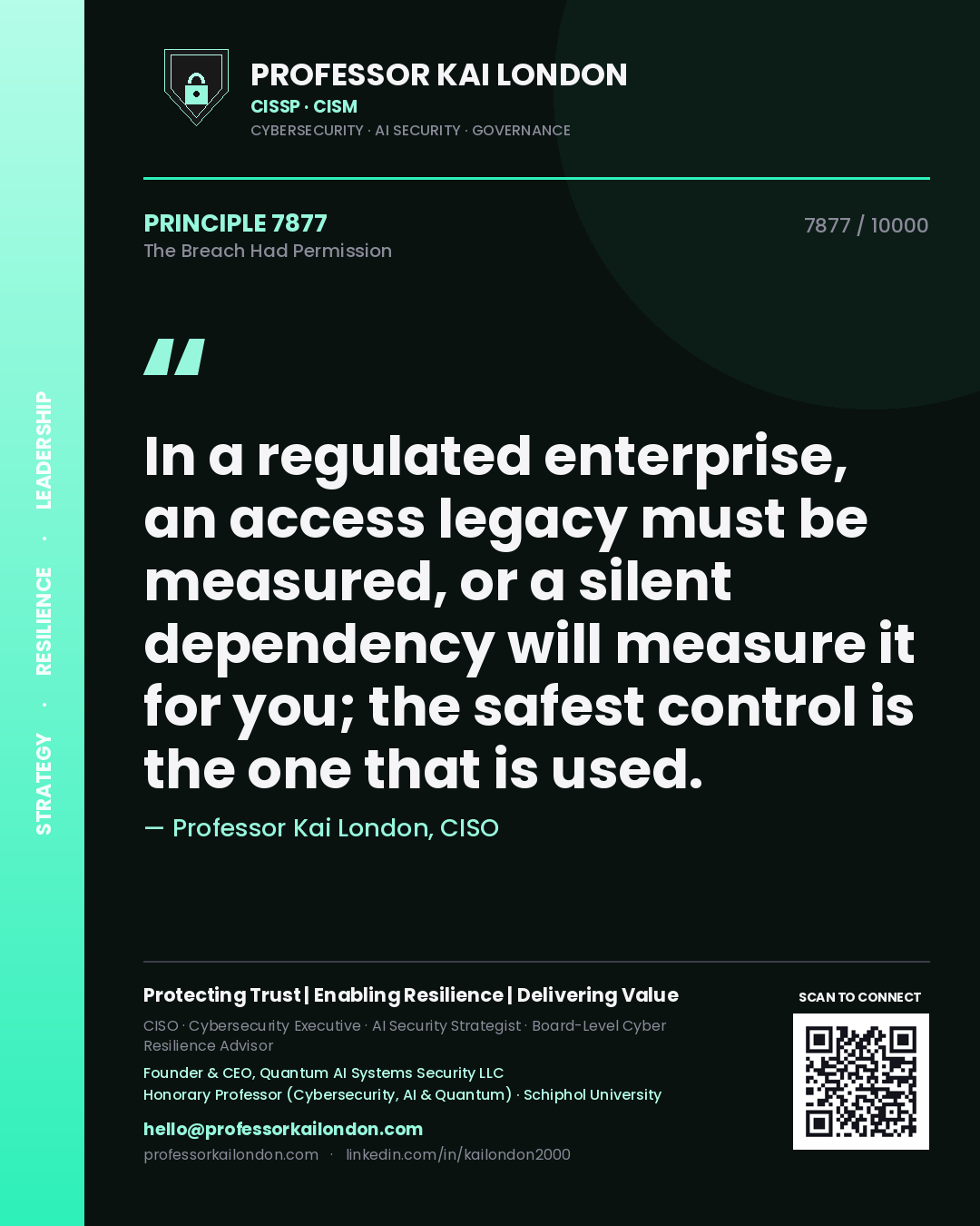 Professor Kai London principle 7877: In a regulated enterprise, an access legacy must be measured, or a silent dependency will measure it for you; the safest control is the one that is used.