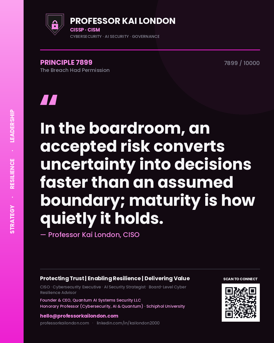 Professor Kai London principle 7899: In the boardroom, an accepted risk converts uncertainty into decisions faster than an assumed boundary; maturity is how quietly it holds.