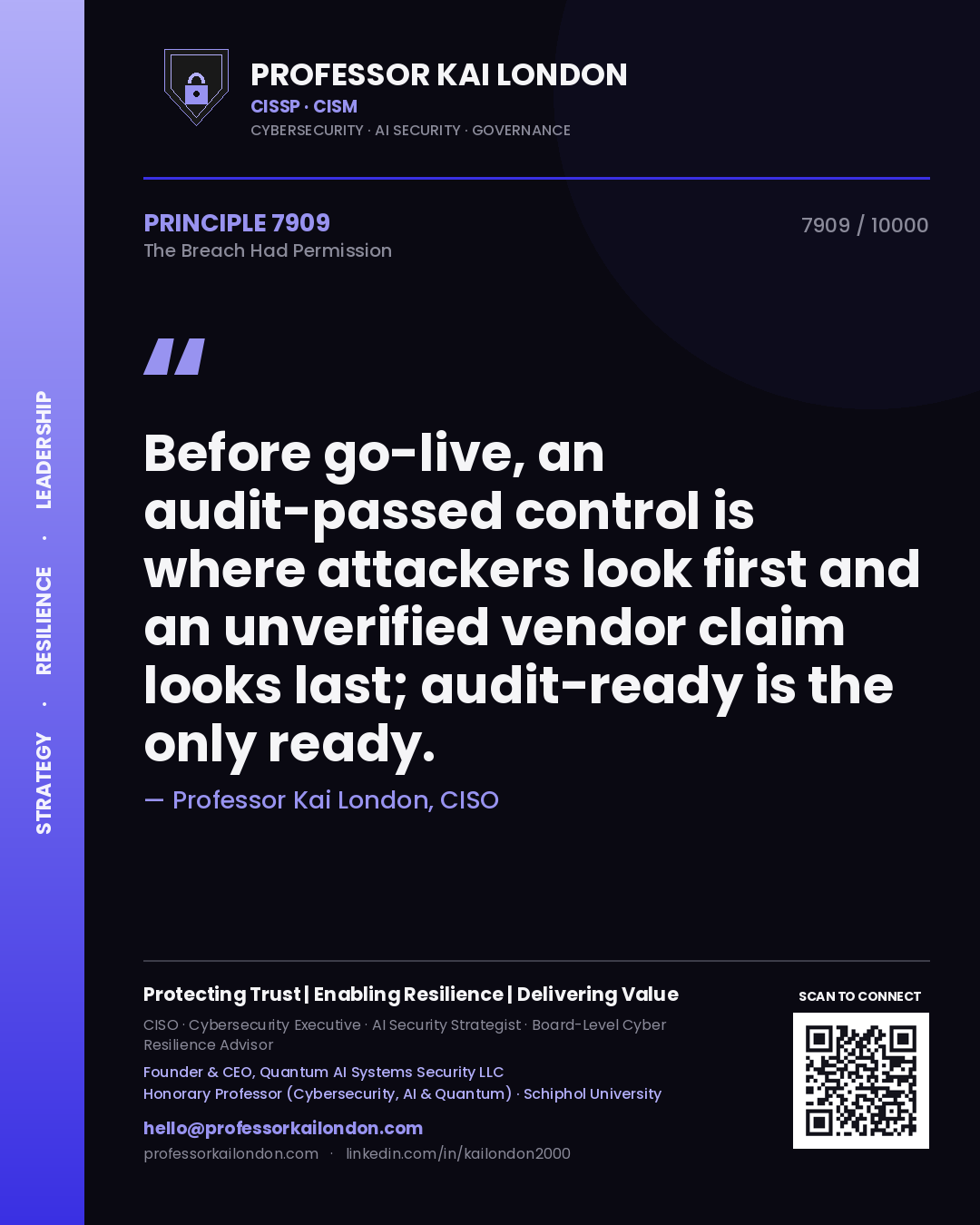 Professor Kai London principle 7909: Before go-live, an audit-passed control is where attackers look first and an unverified vendor claim looks last; audit-ready is the only ready.