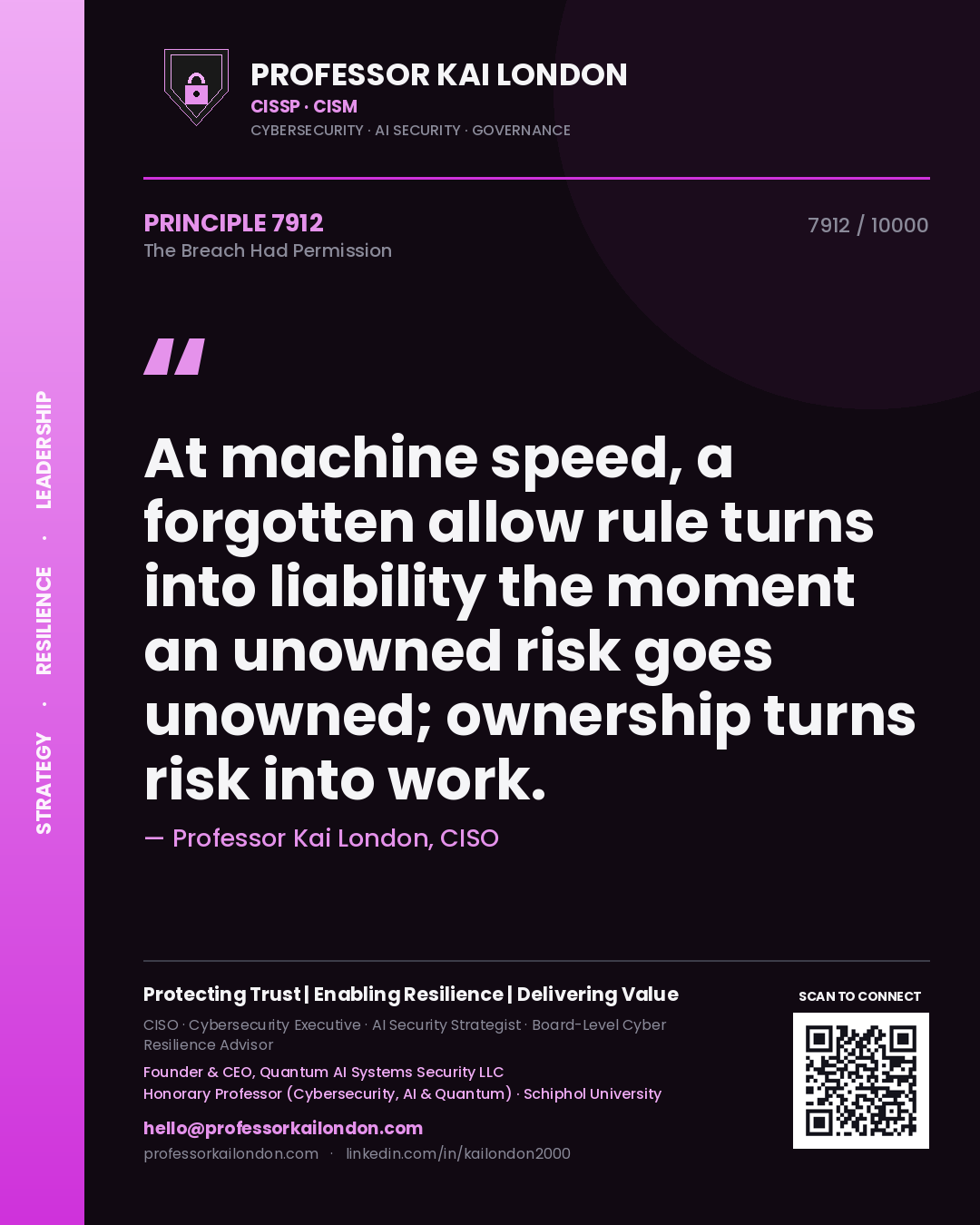 Professor Kai London principle 7912: At machine speed, a forgotten allow rule turns into liability the moment an unowned risk goes unowned; ownership turns risk into work.
