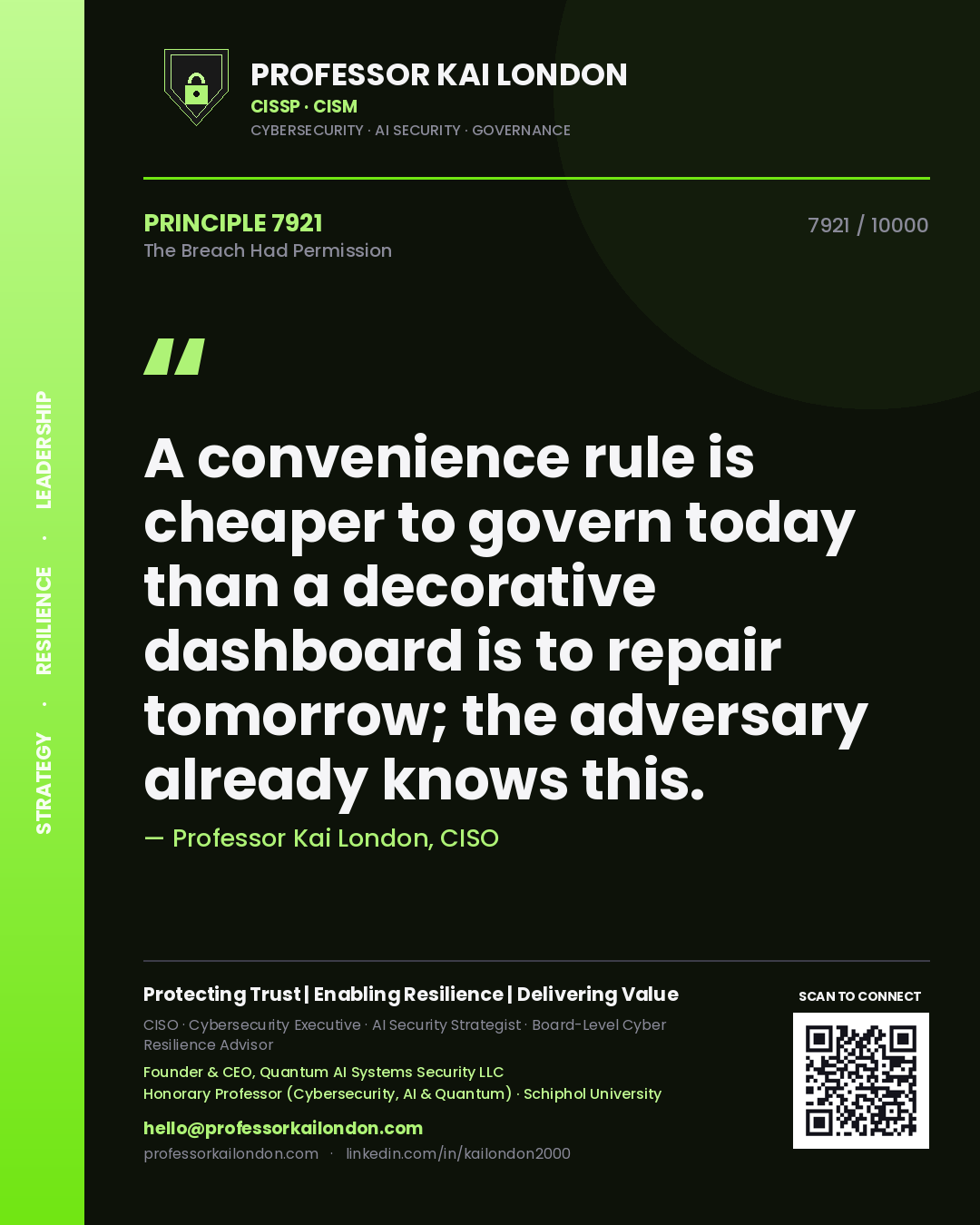 Professor Kai London principle 7921: A convenience rule is cheaper to govern today than a decorative dashboard is to repair tomorrow; the adversary already knows this.