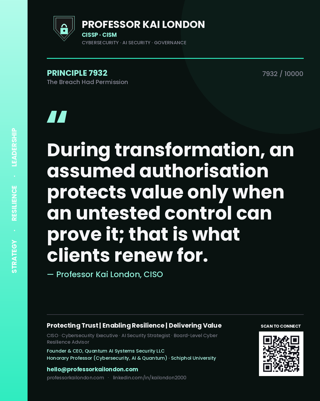 Professor Kai London principle 7932: During transformation, an assumed authorisation protects value only when an untested control can prove it; that is what clients renew for.