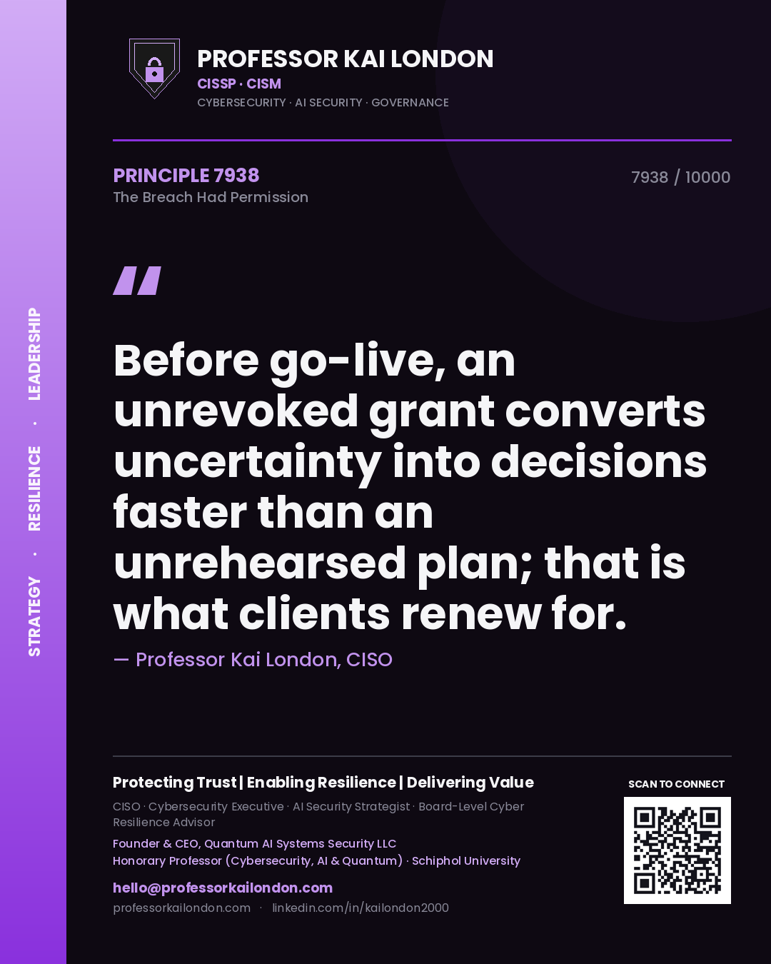 Quote card by Professor Kai London reading 'Before go-live, an unrevoked grant converts uncertainty into decisions faster than an unrehearsed plan; that is what clients renew for.'. From the book The Breach Had Permission.